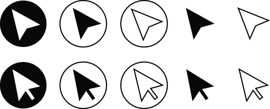 Cursor mouse pointer icon set collection group in black flat and line style, arrow click navigation symbol pack, web UI interface computer pointer sign bundle, silhouette outline illustration vector