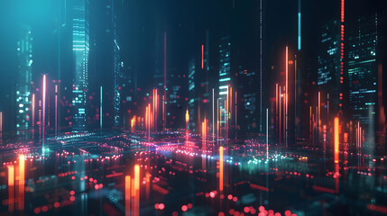 3D glowing financial bar chart rising, futuristic stock market visualization, dark background with neon highlights, cinematic light