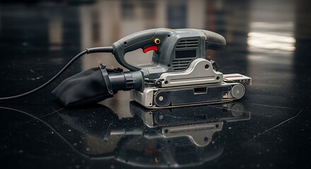 Belt sander tool composition on reflective surface in workshop setting
