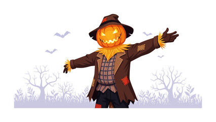 Spooky Scarecrow: A whimsical illustration showcases a festive scarecrow with a jack-o'-lantern head, inviting a sense of Halloween cheer and autumnal charm. 