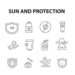 Sun And Protection icon set. Contains icons sunscreen, ultraviolet, sunglasses, SPF protection, sun hat and more. editable stroke. vector illustration.eps