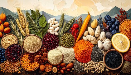 Colorful array of whole grains, legumes, and nuts