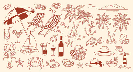 A charming collection of hand-drawn illustrations depicting a quintessential beach vacation scene with palm trees, deck chairs, a sailboat, and various seaside elements.