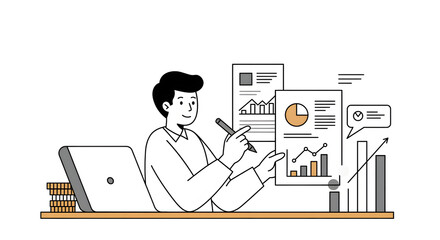 A man sitting at a desk with a laptop and a pen for business presentation, website design, technology blog, or digital marketing