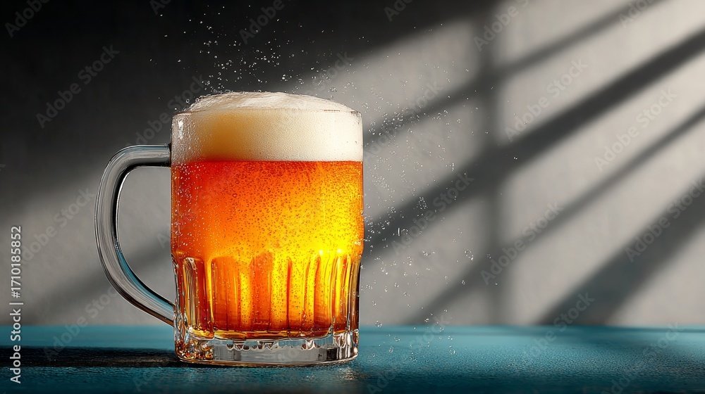 Aufkleber a glass of beer is sitting on a table with a shadow cast on it. the beer is frothy and has a lot of 