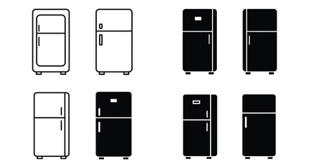 Various styles of refrigerators presented in black and white line art