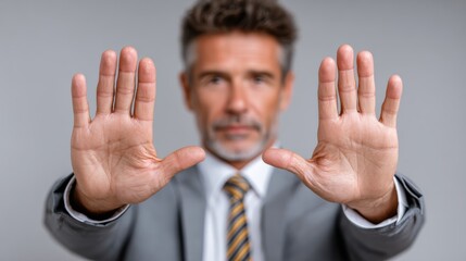 A man in a suit and tie is holding his hands up in a gesture of stopping or stopping something