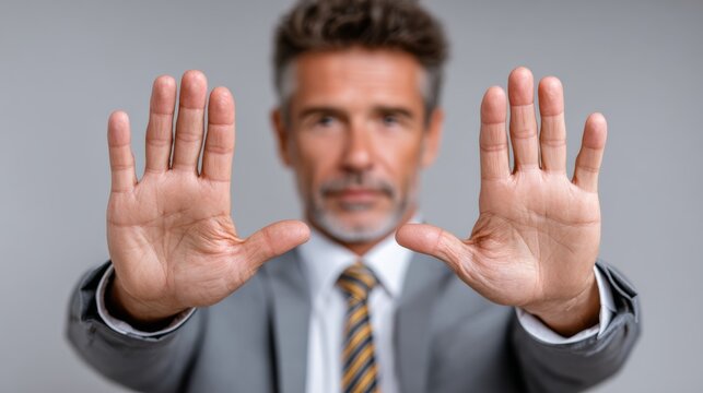 A man in a suit and tie is holding his hands up in a gesture of stopping or stopping something