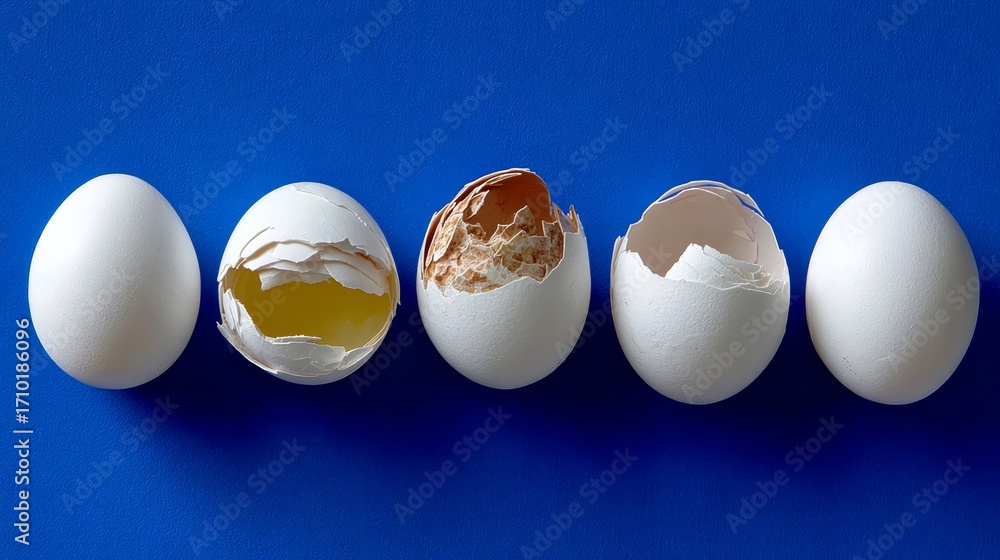 Poster five eggs, each with a different stage of being cracked open. the eggs are arranged in a row, with t