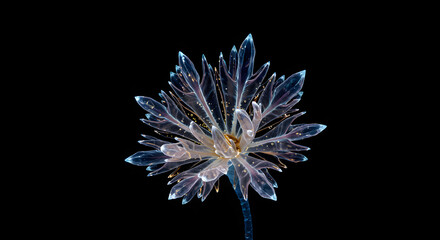 Glowing Ethereal Lotus Flower on Black, Abstract Neon Crystal Blooms Modern Design