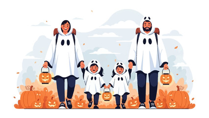 Halloween Family Costume: A festive illustration of a family adorned in ghost costumes, each holding jack-o'-lanterns and surrounded by pumpkins, perfect for Halloween celebration. 