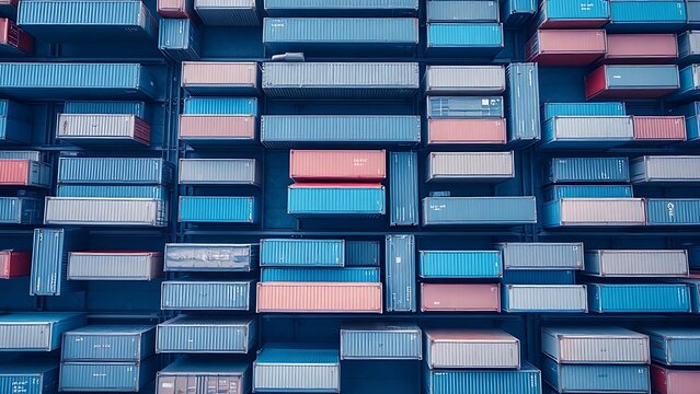 Aerial view of shipping containers arranged in striking geometric patterns under soft morning light.