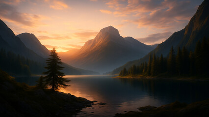 Dramatic Mountain Landscape at Sunset with Alpine Lake
