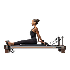 Pilates reformer with carriage extended, capturing intricate details isolated on a white background