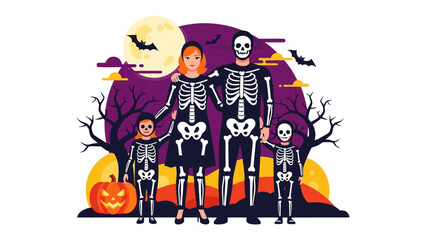 Spooky Family Halloween Illustration: A vibrant Halloween-themed illustration of a family dressed as skeletons standing in front of a full moon, creating a fun, whimsical atmosphere.
