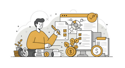 A man writing on a clipboard with a pen and paper for digital design, illustration, visual communication, or stock photography