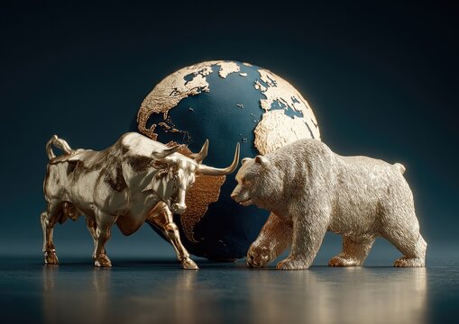 Gold bull and bear statues face off against a globe