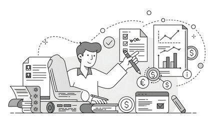 A woman working on her laptop with a lot of paperwork and papers for business presentation, website design, technology blog, or digital marketing