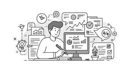 A man working on a computer with icons around him for business presentation, website design, technology blog, or digital marketing