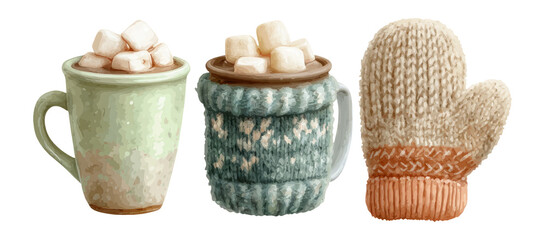 Cozy Hot Chocolate Mugs and Knitted Mittens in Soft Pastel Colors