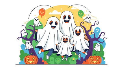 Whimsical Ghost Gathering for Halloween: A delightful illustration portrays a charming family of ghosts, their playful forms surrounded by festive Halloween elements.