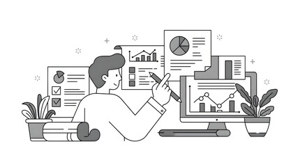 A person sitting at a desk with a computer and a plant for business presentation, website design, technology blog, or digital marketing