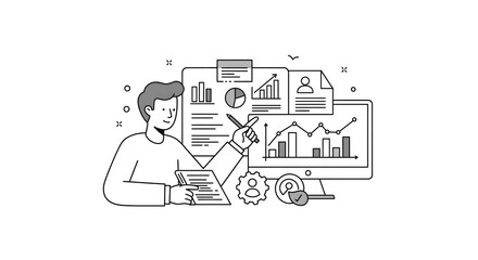 A man working on a computer with a graph on the screen for business presentation, website design, technology blog, or digital marketing