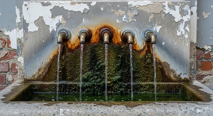 Rusty water fountain with multiple spouts in an aged urban setting.