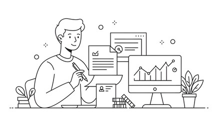 A man sitting at a desk with a laptop and a pen in his hand for business presentation, website design, technology blog, or digital marketing