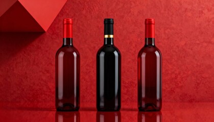 Three wine bottles in a row on a textured red background with soft, diffused lighting.