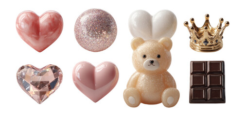 Colorful Heart Shapes, Cute Bear, Glitter Ball and Crown, Isolated Objects