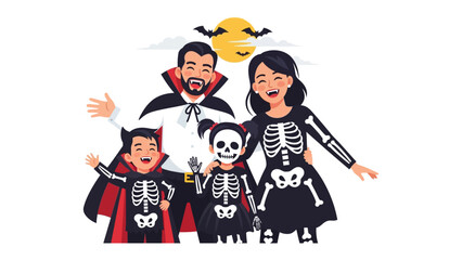 Halloween Family Celebration: A vibrant illustration captures a cheerful family dressed in playful Halloween costumes, embracing the spooky spirit with smiles and joy. 