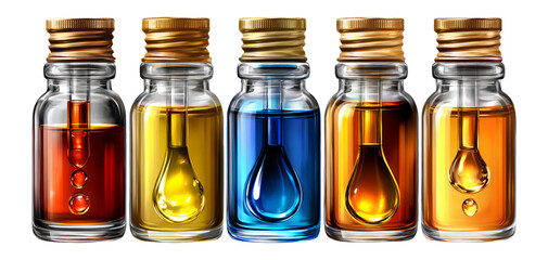 Realistic Collection of Colorful Glass Bottles with Gold Caps and Liquids