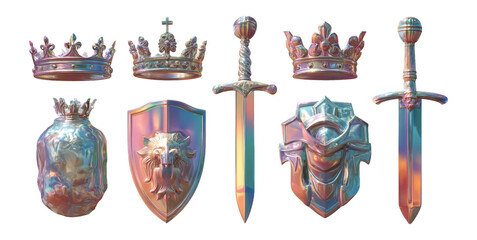 Colorful Medieval Armor and Crown Set with Shield and Sword Elements