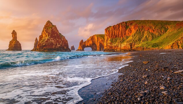 Ocean coast cliffs sunset rocky beach sea stacks scene