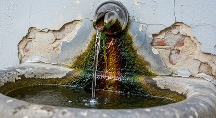 Rustic water fountain with moss and peeling paint, creating a vintage ambiance.