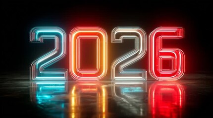 Futuristic glowing neon 2026 numbers with holographic reflections on dark cyberpunk background, sci-fi New Year celebration video backdrop
- Powered by Adobe