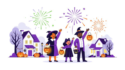 Halloween Family Delight: A happy family, adorned in whimsical witch costumes, joyfully welcomes the Halloween spirit.