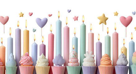 Colorful Birthday Candles and Cupcakes with Heart and Star Decorations