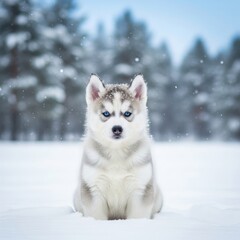 Naklejka premium Adorable husky puppy with bright blue eyes sitting in the snow during a winter day