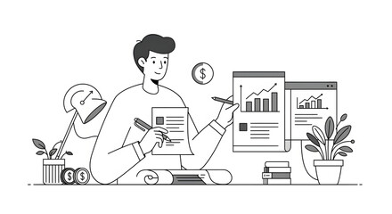 A man sitting at a desk with a laptop and a cup of coffee for business presentation, website design, technology blog, or digital marketing