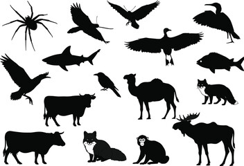 Vector illustration of various animal silhouettes including birds, cows, camel, shark, fox, monkey, spider, fish, moose, perfect wildlife design