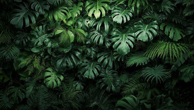 Dense Tropical Jungle Foliage – Dark Green Monstera and Fern Leaves, Lush and Layered Nature Background - Powered by Adobe