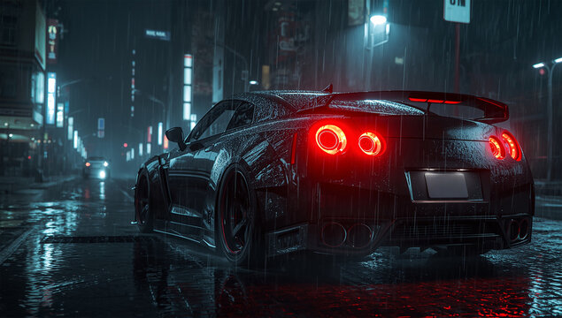 Black Sports Car with Red Tail Lights on Rainy Night Street in the City GTR Nismo