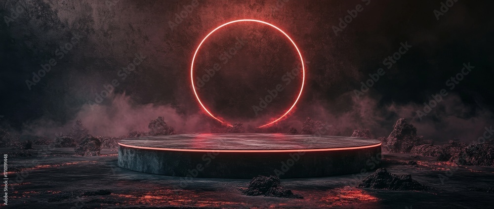 Poster neon stage setup with circular light effects and colorful smoke during a nighttime event