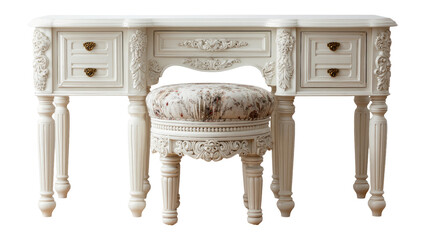 Elegant Antique Vanity Table with Floral Upholstered Stool on Transparent Background