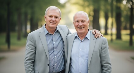 Two Men Smiling Outdoors.