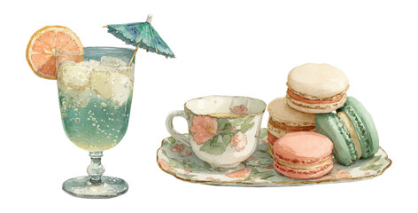 Refreshing Cocktail and Elegant Tea Set with Macarons on Transparent Background
