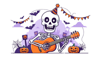 Spooky Musician's Halloween Serenade: A cartoon skeleton serenades with a guitar at a festive Halloween gathering, evoking eerie delight and musical celebration amid pumpkins, bats and spiders.
