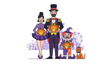 A Halloween Carnival: A cheerful ensemble, dressed for a Halloween carnival, is posed with illuminated pumpkins and grinning cat, against a backdrop of fairground delights.